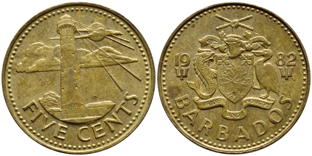 Барбадос 5 центов 1982 маяк Саут-Пойнт KM 11 латунь 4398-533