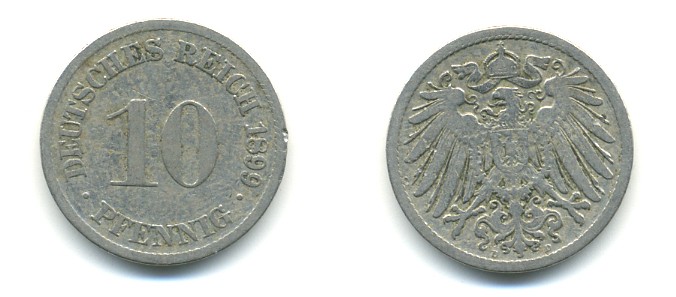 ГЕРМАНИЯ 10 ПФЕННИГОВ 1899 D KM 12, J. 13 медно-никель 4379-828