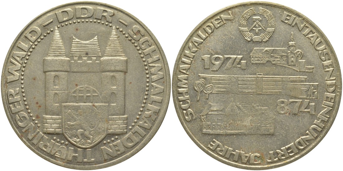 ГДР медаль 1974 1100 ЛЕТ ГОРОДУ ШМАЛЬКАЛЬДЕН, ЗЕМЛЯ ТЮРИНГИЯ, диаметр 42,5 мм. медно-никель 00-00