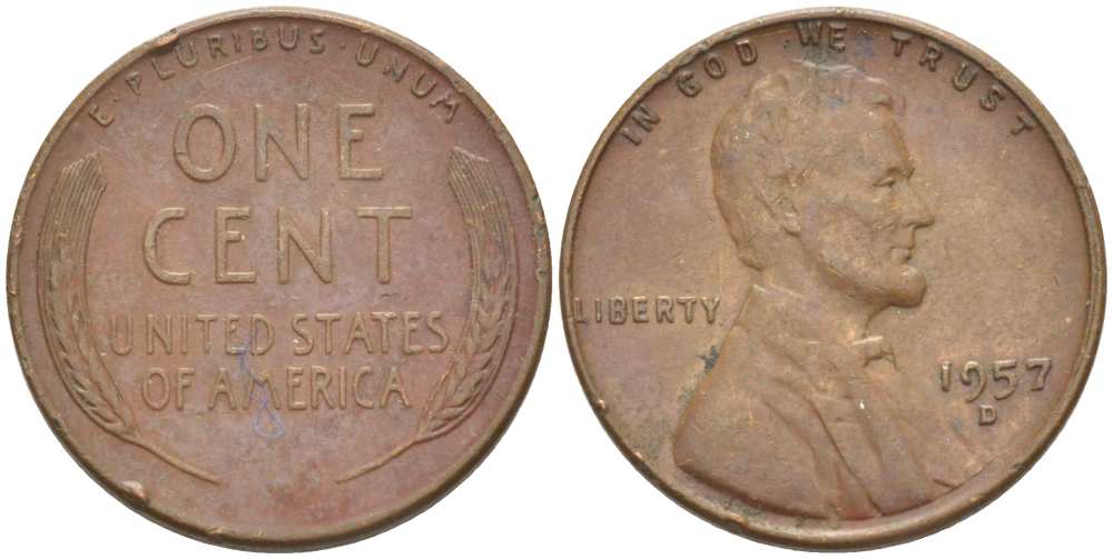 США 1 ЦЕНТ 1957 D, ЛИНКОЛЬН KM А132 медь цинк 3309-1213