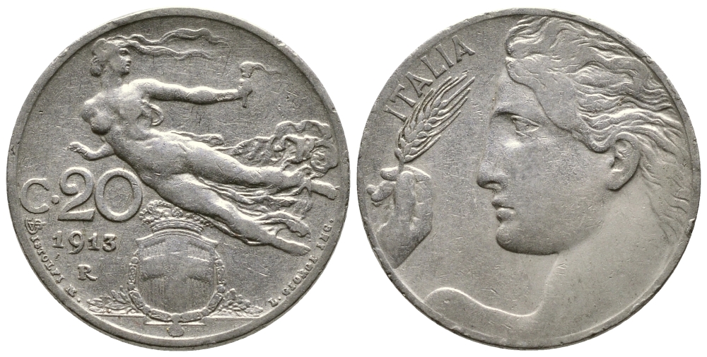 Италия 20 чентезимо 1913 R, Виктор Эммануил III (1900-1946) KM 44 никель 177-1056