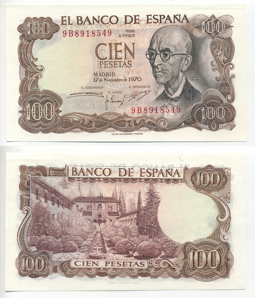 Испания 100 песет 1970 Мануэль де Фалья, летняя резиденция Мавританских королей в Гренаде Pick 152а  бумага UNC (пресс) 6278-11-1