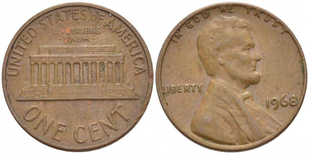 США 1 ЦЕНТ 1968 ЛИНКОЛЬН KM 201 медь цинк 3851-1034