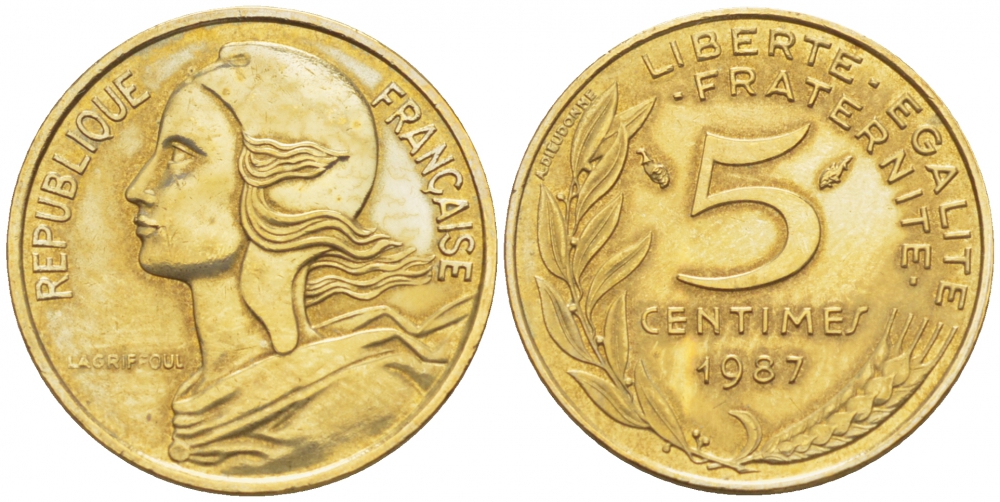 ФРАНЦИЯ 5 САНТИМОВ 1987 ТИП MARIANNE KM 933 медь алюминий никель 112-849