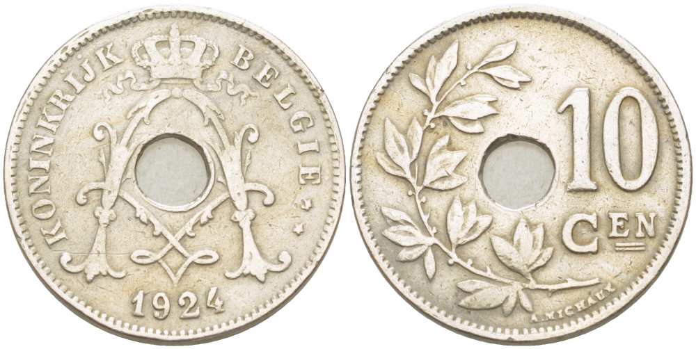 БЕЛЬГИЯ 10 САНТИМОВ 1924 BELGIE KM 86 медно-никель 210-1052