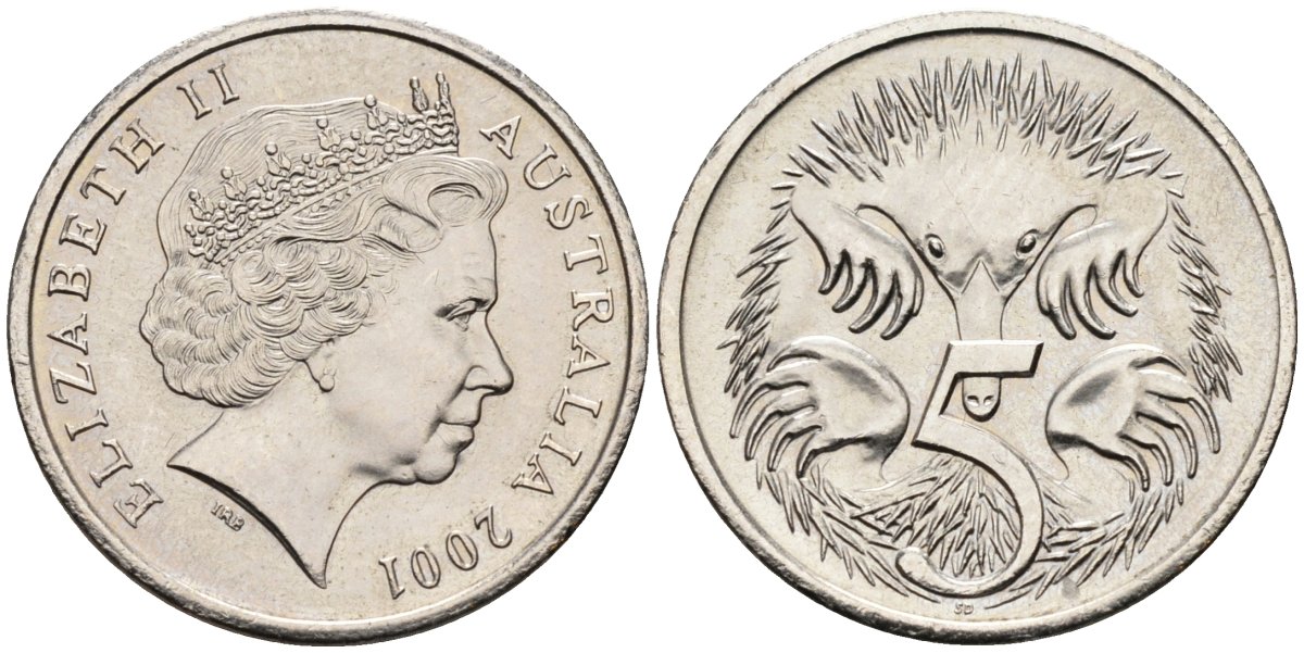 Австралия 5 центов 2001 Елизавета II (1952-2022), ехидна KM 401 медно-никель UNC 4585-915