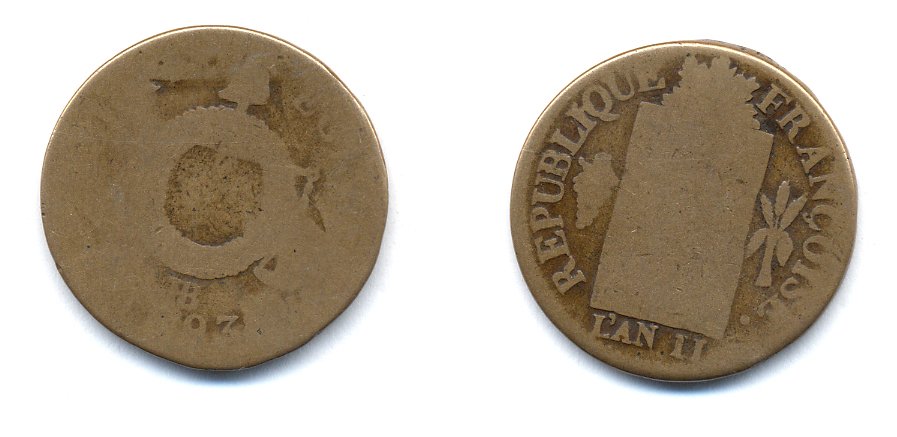 ФРАНЦИЯ 1 СУ 1793 ПЕРВАЯ РЕСПУБЛИКА (1793-1794) LAN II KM 620.3 бронза 4379-131