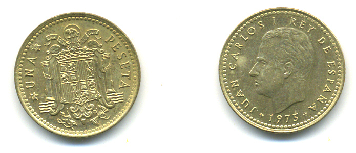 Испания 1 песета 1975 (76) Хуан Карлос I (1975-2001) KM 806 алюминиевая бронза 177-115