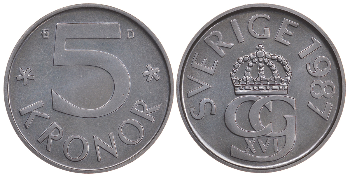 Швеция 5 крон 1987 D, Карл XVI Густав (1973- ) KM 853 медно-никель PROOFLIKE 59-246