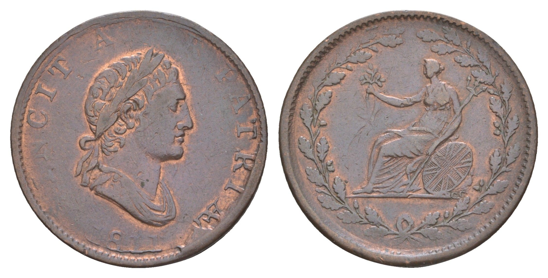 Великобритания 1/2 пенни 1811 Георг III (1760-1820), Любовь к Родине побеждает, рубчатый гурт, Британская медная компания, токен Withers 590 медь 3711-231