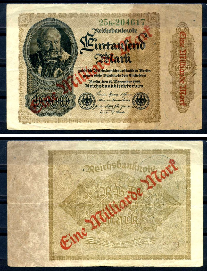 Германия 1000000000 марок 1923 красная диагональная, двухсторонняя надпечатка на 1000 марок 1922, бумага белая, водяной знак 1001 Pick 113 a (2) бумага 8589-49-2-2