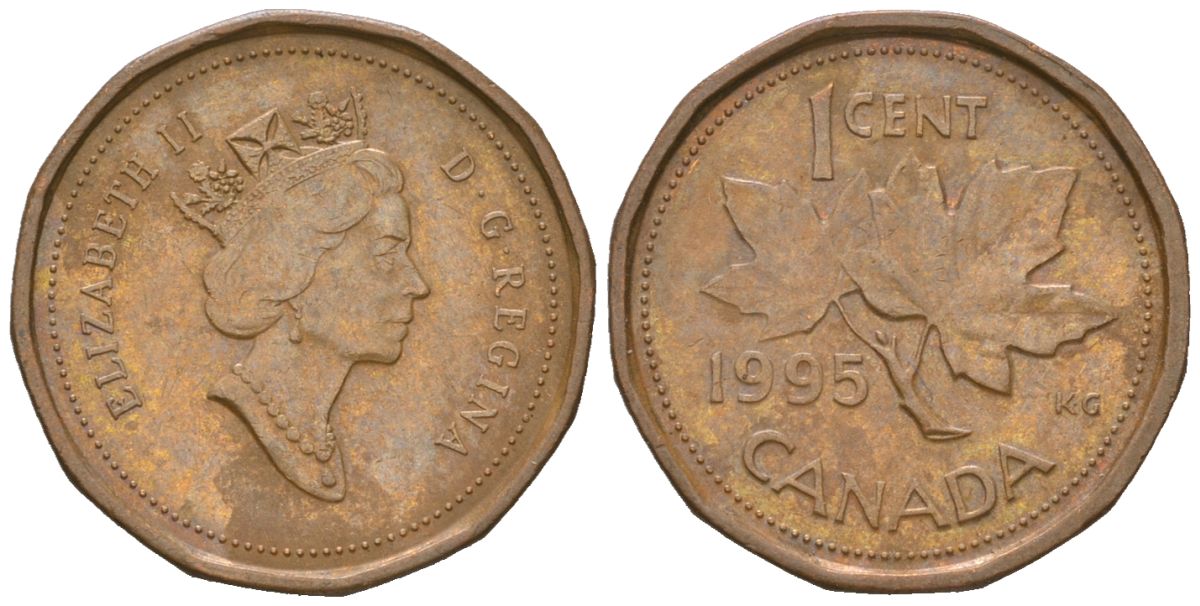 Канада 1 цент 1995 Елизавета II (1952-2022), кленовый лист KM 181 бронза 4383-457