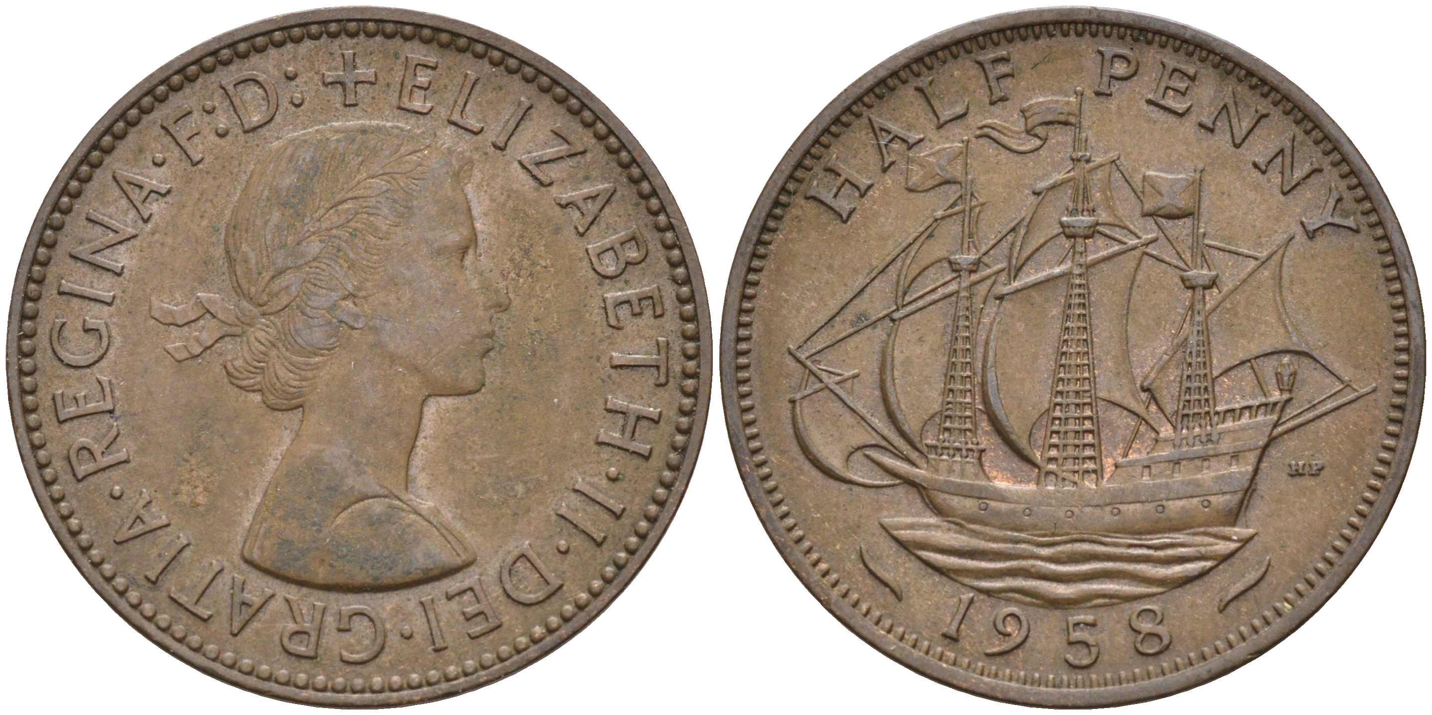 Великобритания 1/2 пенни 1958 Елизавета II (1952-2022) KM 896, Spink 4158 бронза    4187-527