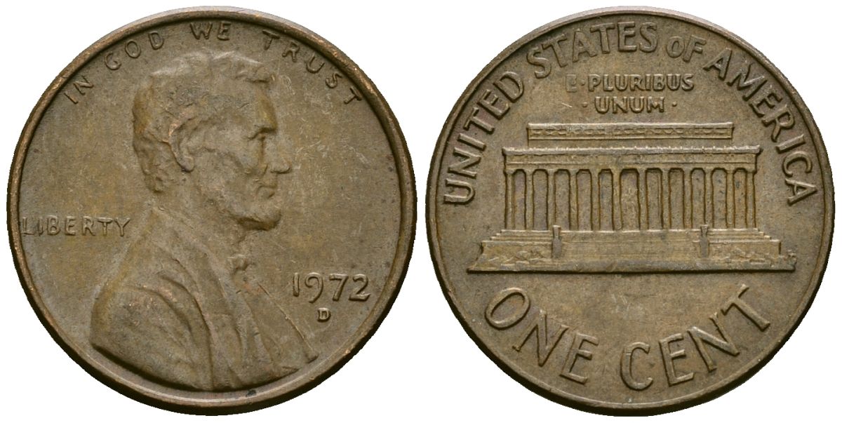 США 1 цент 1972 D, Линкольн KM 201 медь цинк 4136-138