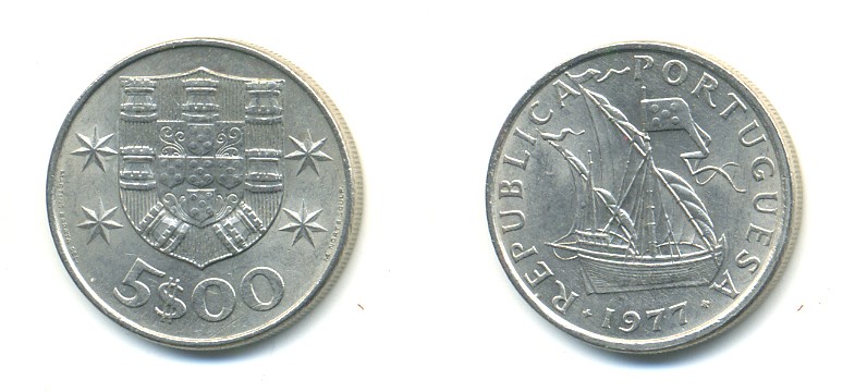 ПОРТУГАЛИЯ 5 ЭСКУДО 1977 ПАРУСНИК KM 591 медно-никель 176-253