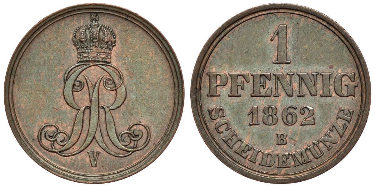 Ганновер 1 пфенниг 1862 B, Георг V KM 233, AKS 156, J. 90 медь 4594-455