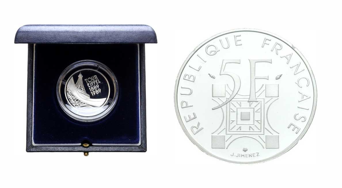 Франция 5 франков 1989 100 лет Эйфелевой башне, в оригинальной коробке KM 968a серебро PROOF 7-5-5-21