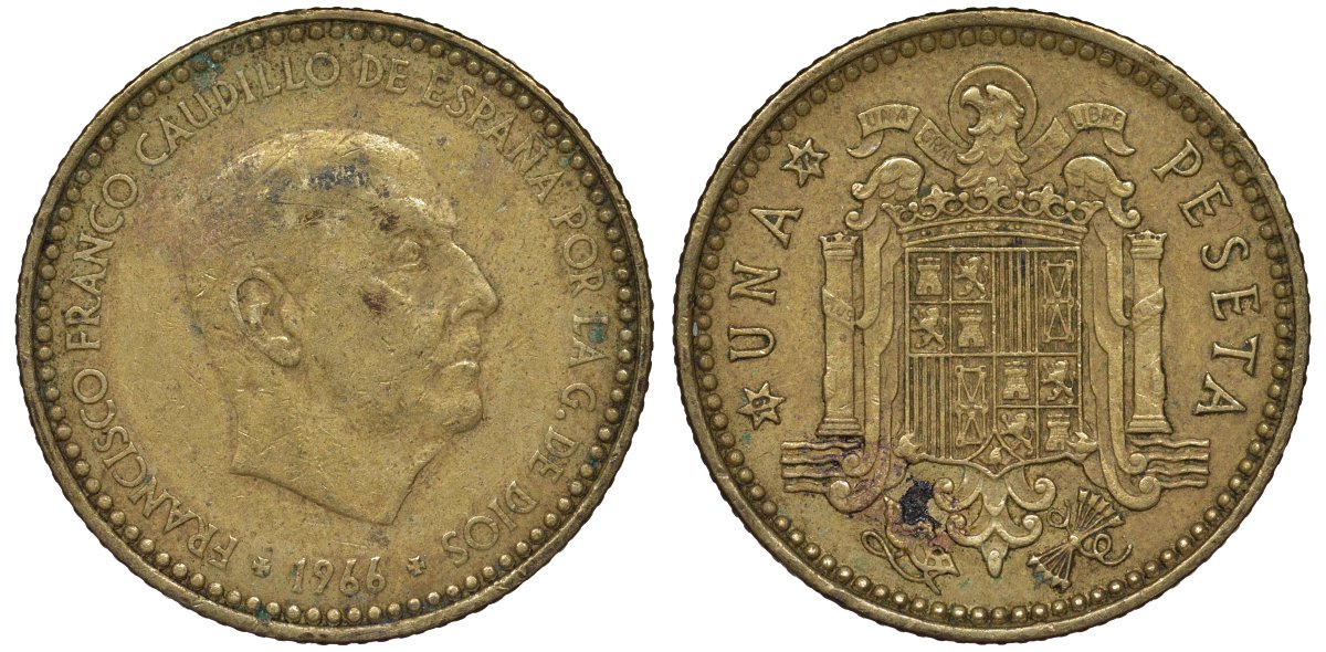 Испания 1 песета 1966 (72) Франсиско Франко (1939-1975) KM 796 алюминиевая бронза 4128-1044