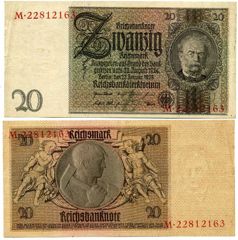 ГЕРМАНИЯ 20 РЕЙХСМАРОК 1929 Pick 181a бумага 3295-75-3