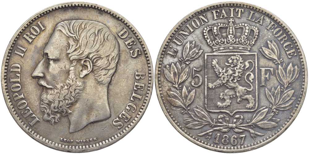 Бельгия 5 франков 1867 Леопольд II (1865-1909), БЕЗ ТОЧКИ ПОСЛЕ F, НА РЕВЕРСЕ KM 24 серебро 5010-821