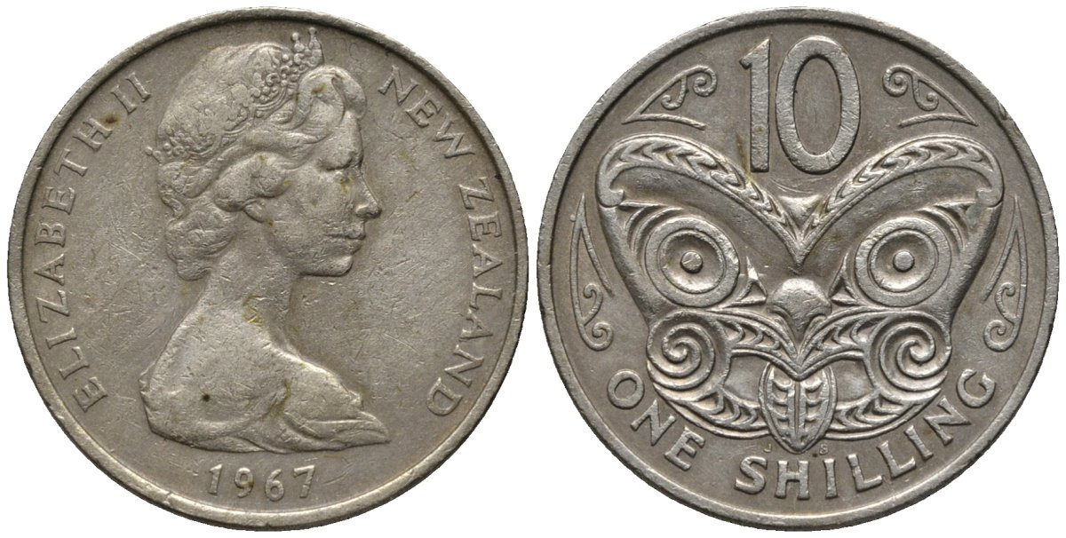 Новая Зеландия 10 центов 1967 Елизавета II (1952-2022), маска маори KM 41.1 медно-никель 4579-945