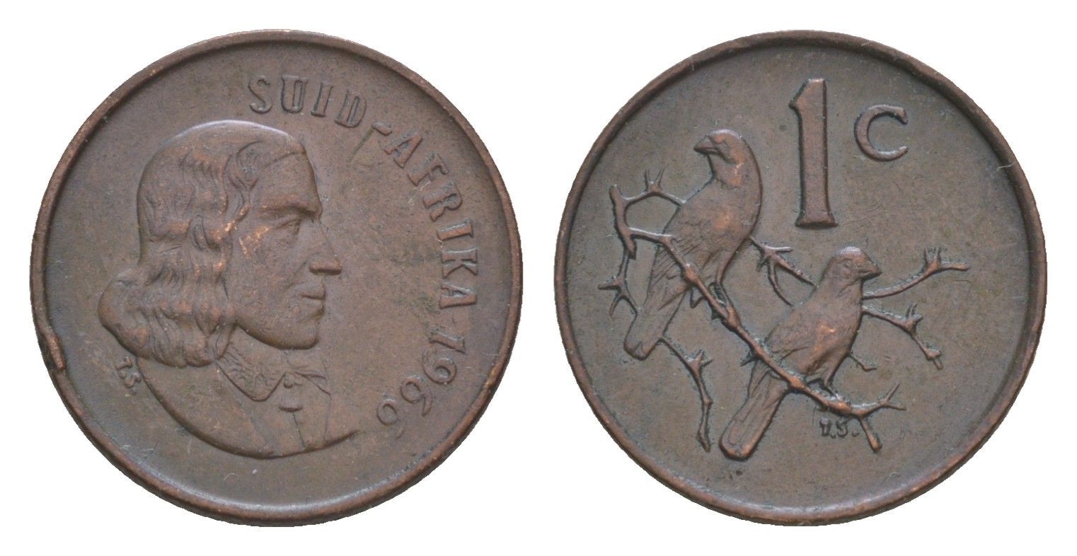 ЮАР 1 цент 1966 Ян ван Рибек (1619-1677), Suid Africa, легенда на африкаанс, капские воробьи KM 65.2 бронза 4609-1131