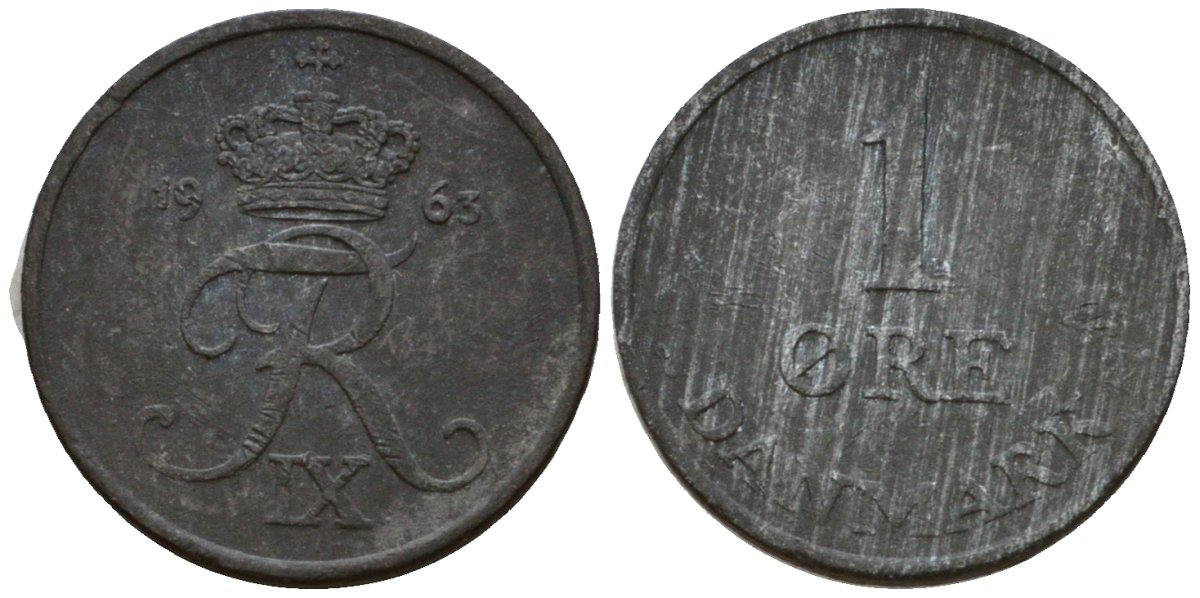 Дания 1 эре 1963 N; S, Фредерик IX (1947-1972) KM 839 цинк 4602-311