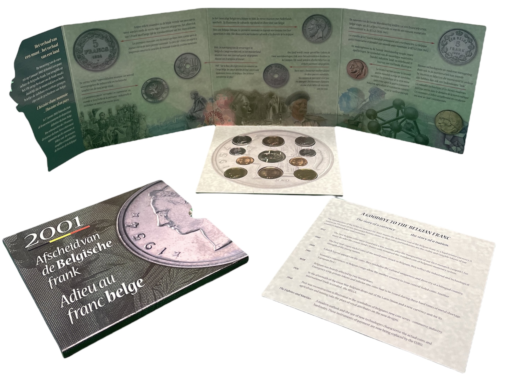 Бельгия набор из 10 монет + жетон монетного двора 2001 Belgie-Belgique, прощай бельгийский франк, переход на евро с 1 января 2002 года,  в оригинальном картонном буклете KM MS 14   BUNC  6-5-3-19