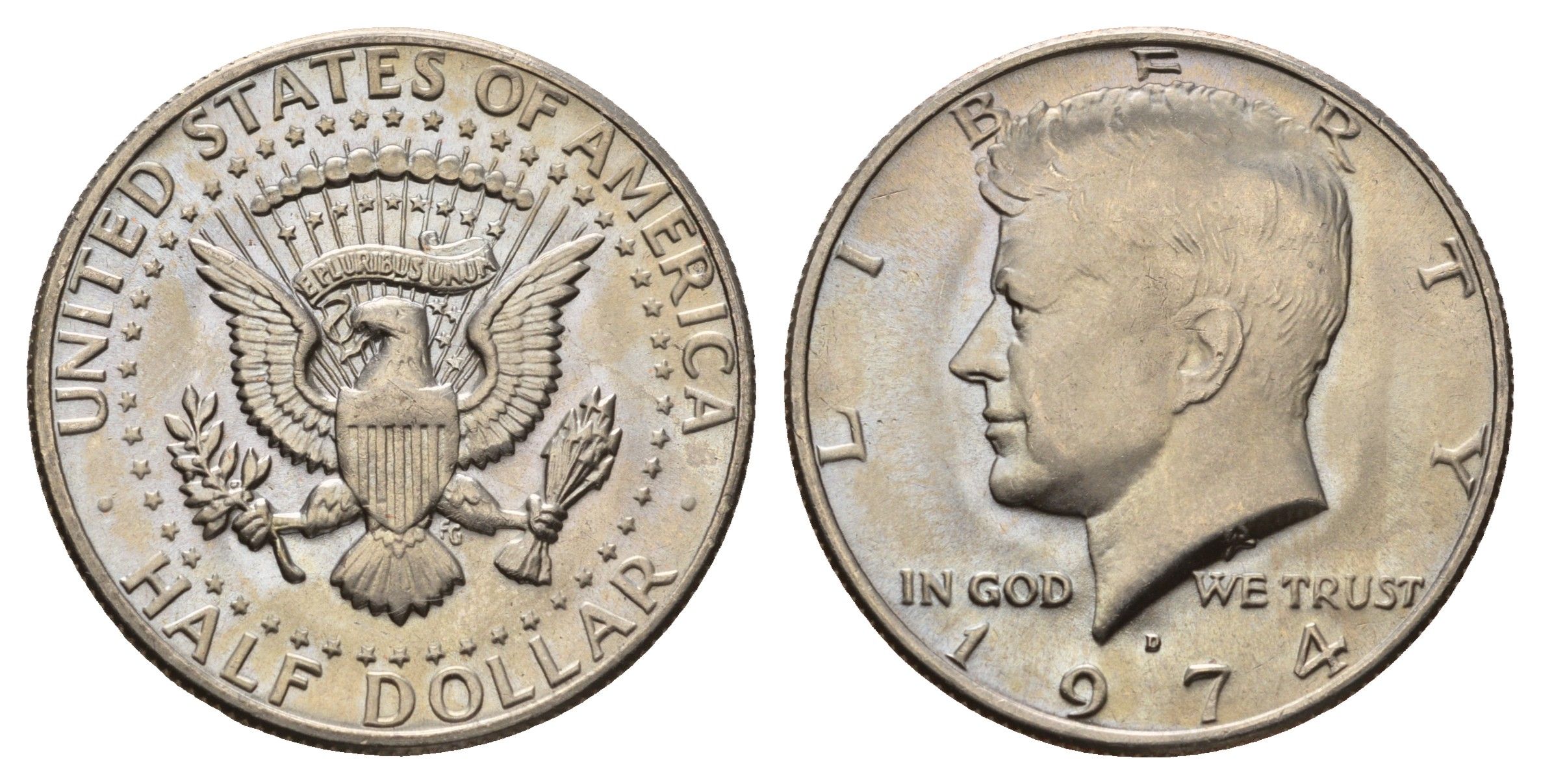 США 1/2 доллара (50 центов) 1974 D, Джон Кеннеди KM 202b медь плакированная медно-никелем UNC 4672-535