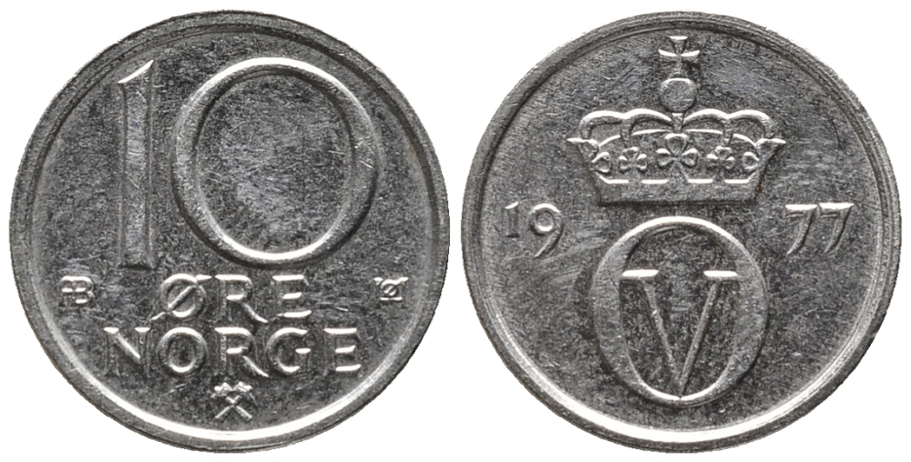 Норвегия 10 эре 1977 Улаф V (1957-1991) KM 416 медно-никель 66-152