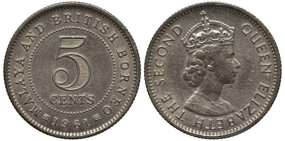 Малайя и Британское Борнео 5 центов 1961 Елизавета II (1952-2022) KM 1 медно-никель 1524-841