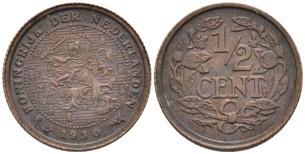 Нидерланды 1/2 цента 1930 Вильгельмина (1890-1948) KM 138 бронза 4576-438