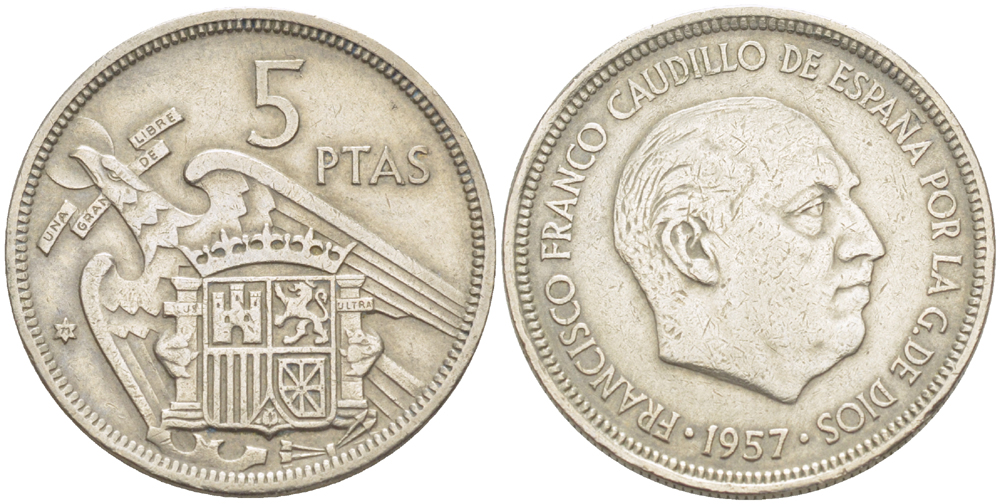 Испания 5 песет 1957 (71) Франсиско Франко (1939-1975) KM 786 медно-никель 216-634