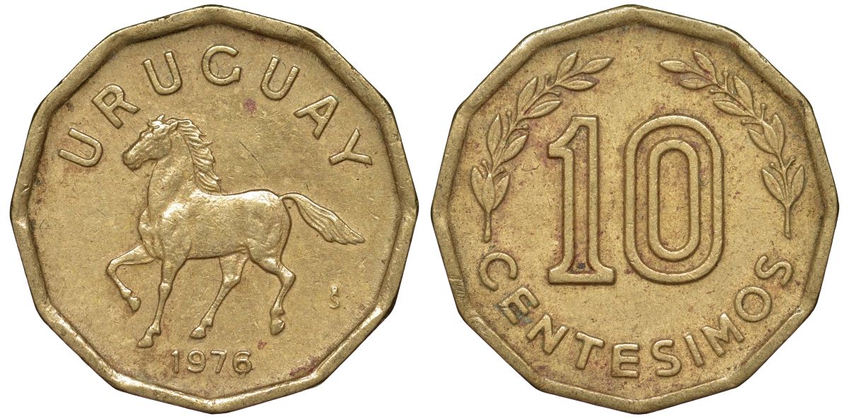 Уругвай 10 сентесимо 1976 KM 66 алюминиевая бронза 4164-751