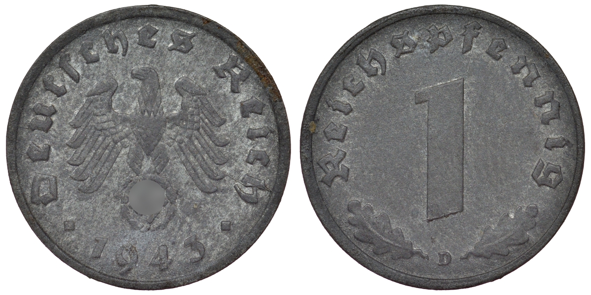 Германия 1 рейхспфенниг 1943 D KM 97, J. 369 цинк 4124-231