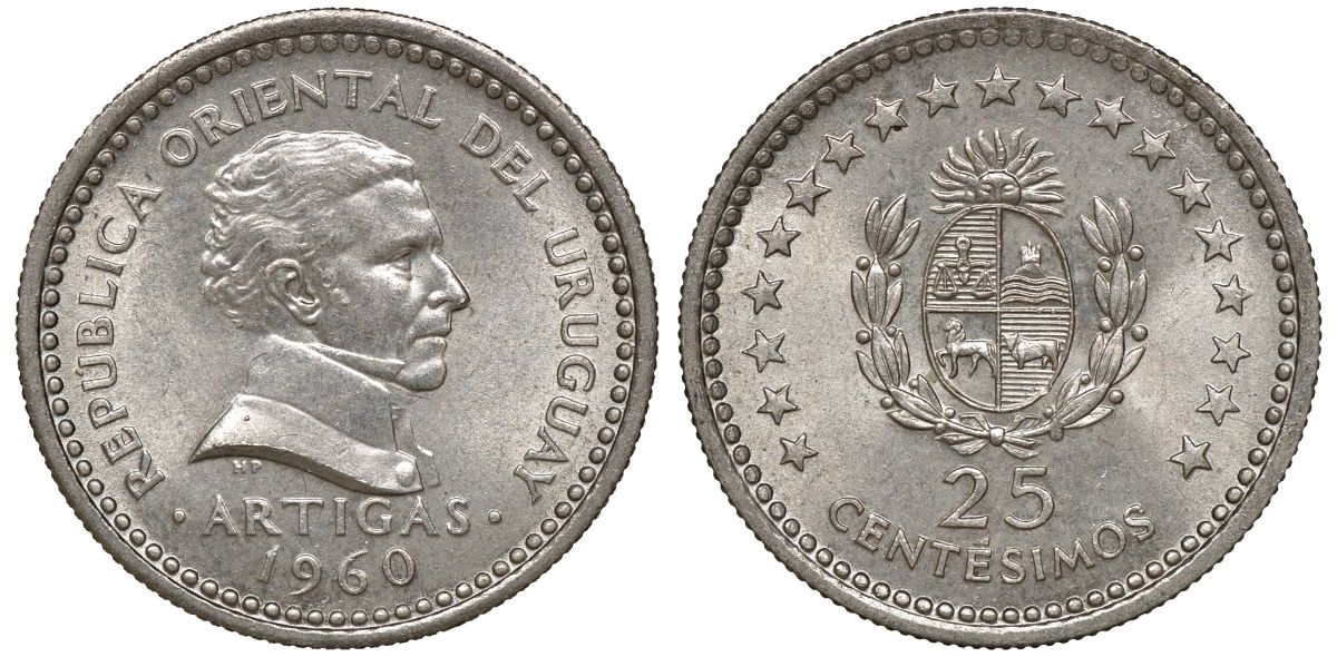 Уругвай 25 сентесимо 1960 KM 40 медно-никель 4169-759