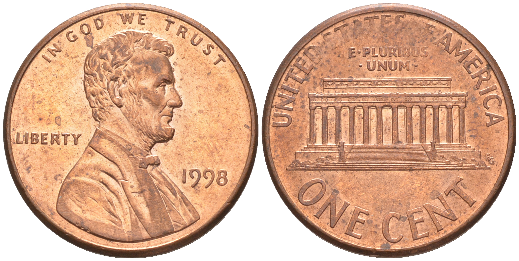 США 1 ЦЕНТ 1998 ЛИНКОЛЬН KM 201b цинк плакированный медью UNC 187-752