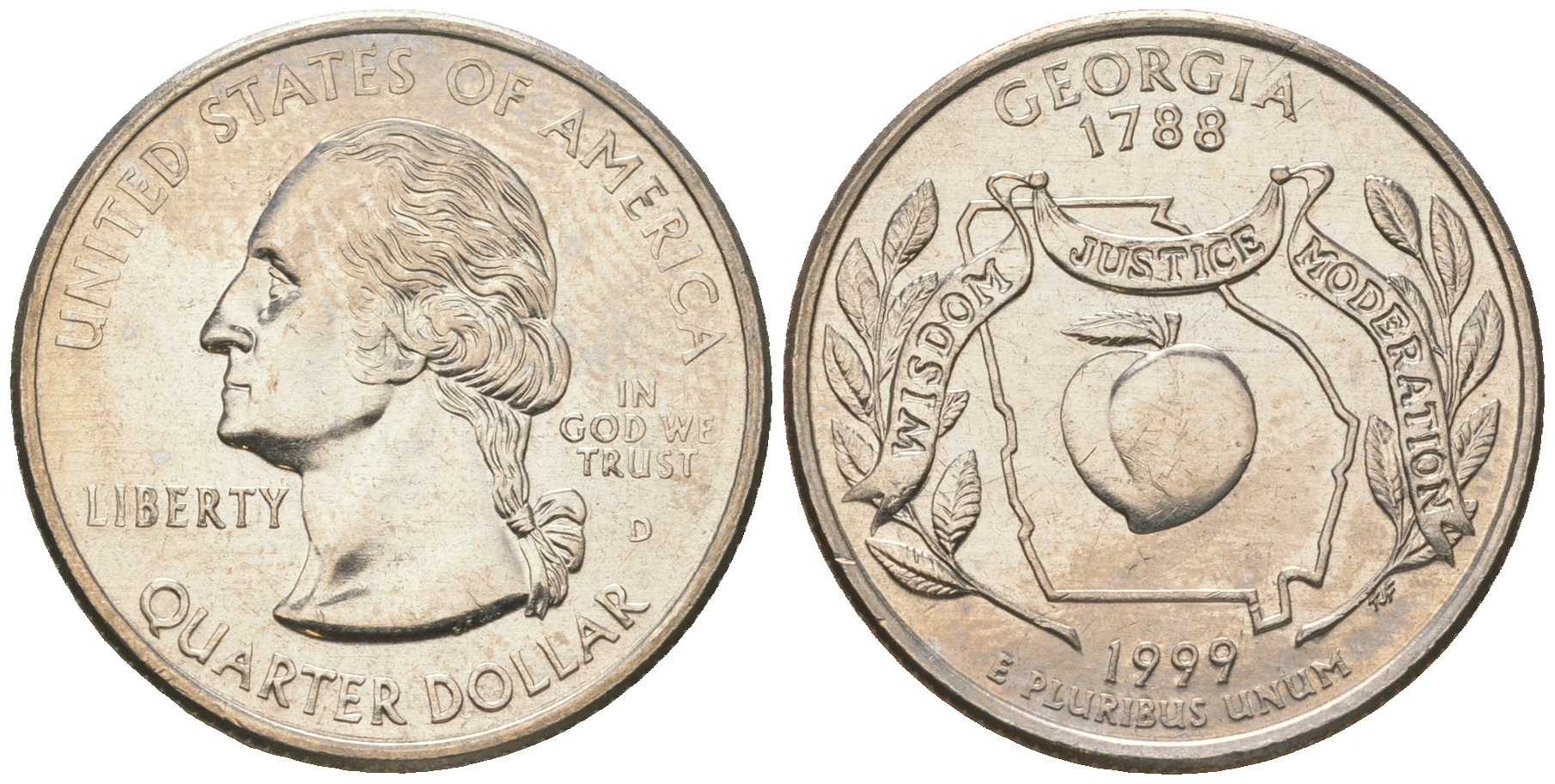 США 25 центов = квотер 1999 D, серия штаты США, Джорджия KM 296 медь плакированная медно-никелем UNC 60-1351