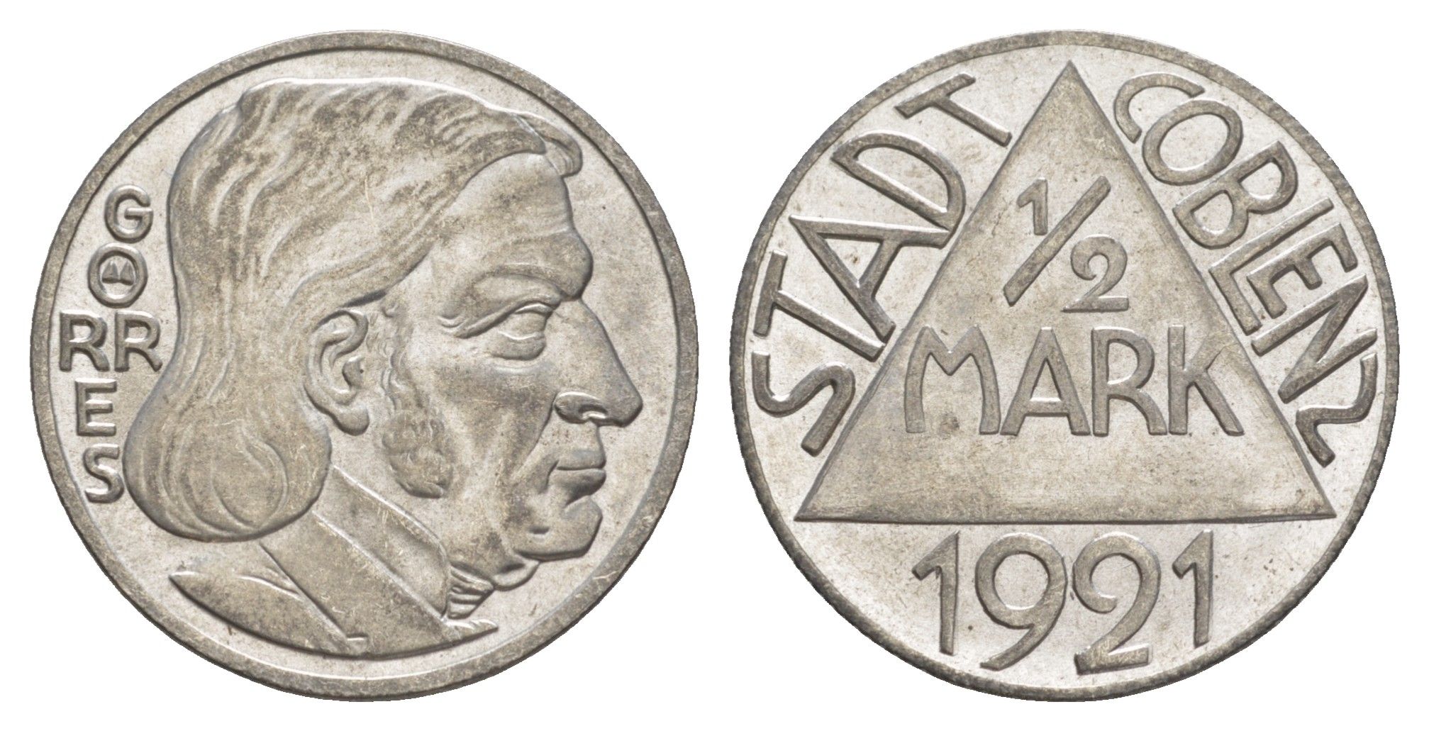 Кобленц 1/2 марки 1921 Funck 80.9A, Men05 4526.18, Men18 5727.18/20 сталь UNC 4586-257