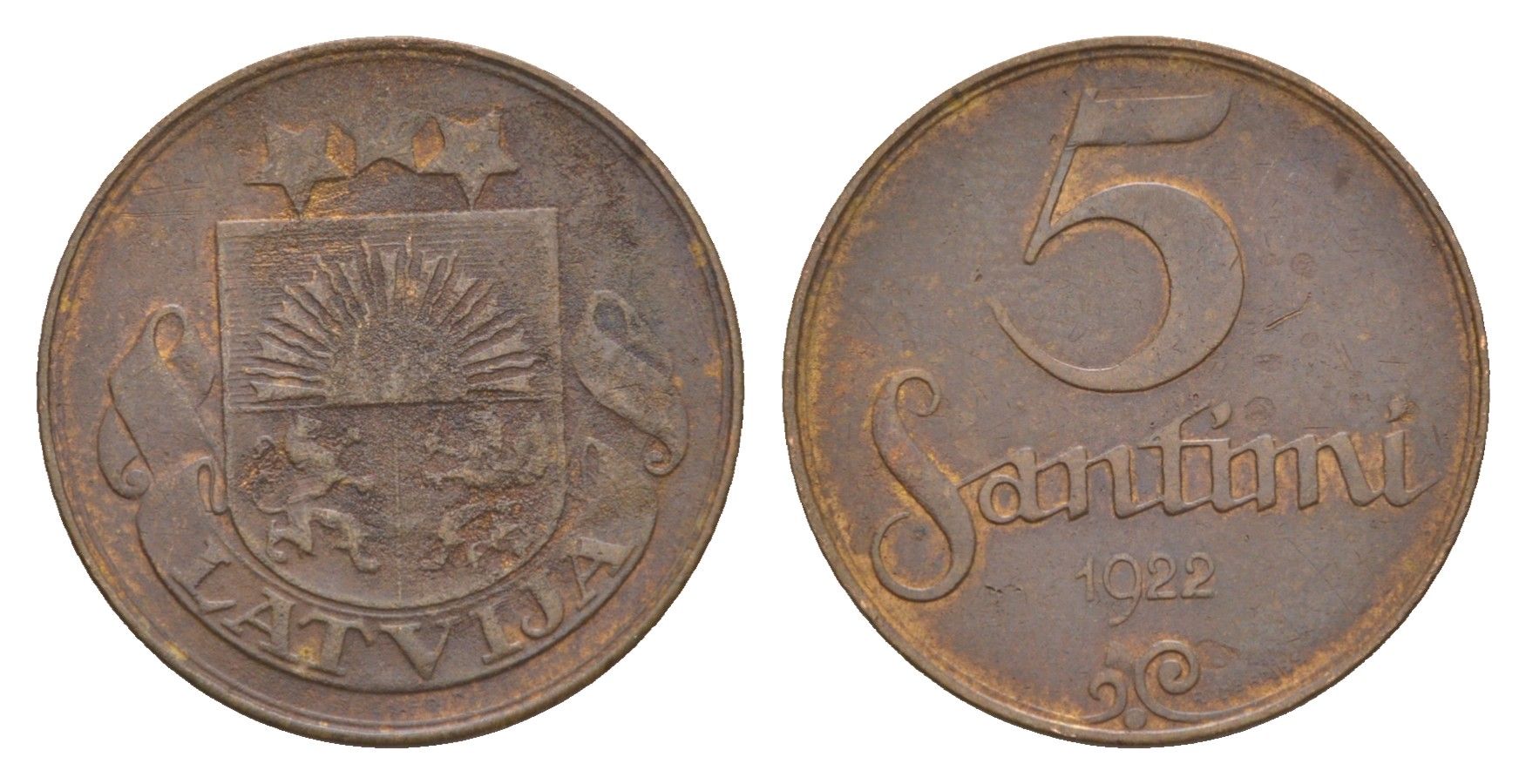 Латвия 5 сантимов 1922 KM 3 бронза 4658-1215