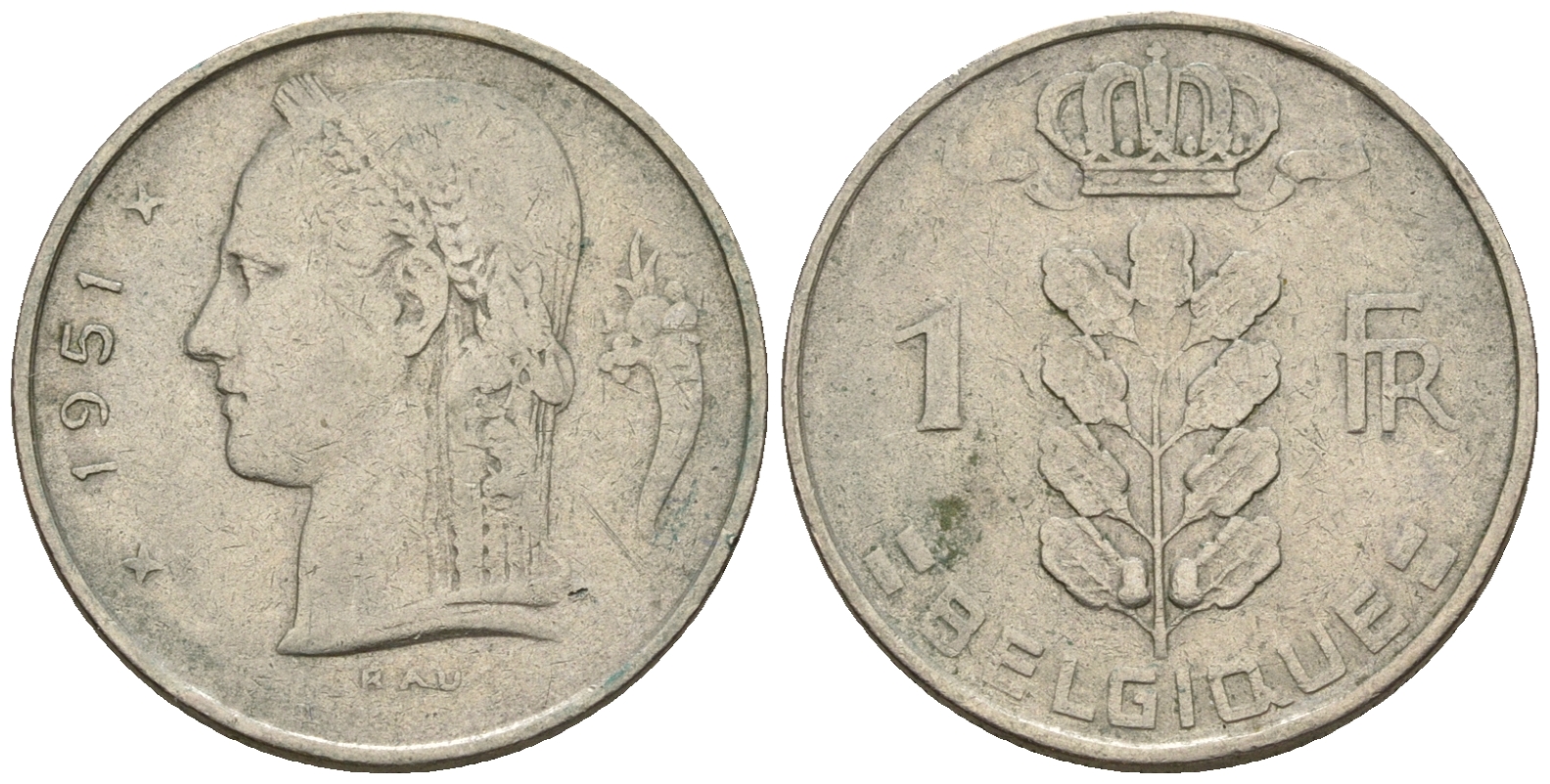 Бельгия 1 франк 1951 Belgique, Бодуэн I (1951-1993) KM 142.1 медно-никель 259-1035