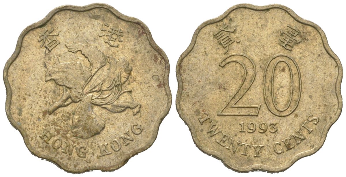 Гонконг 20 центов 1993 KM 67 никель латунь 4580-1049