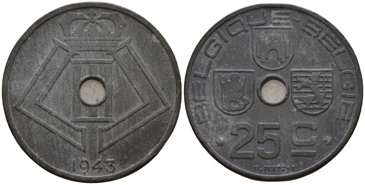 Бельгия 25 сантимов 1943 Belgique - Belgie KM 131 цинк 33-1212