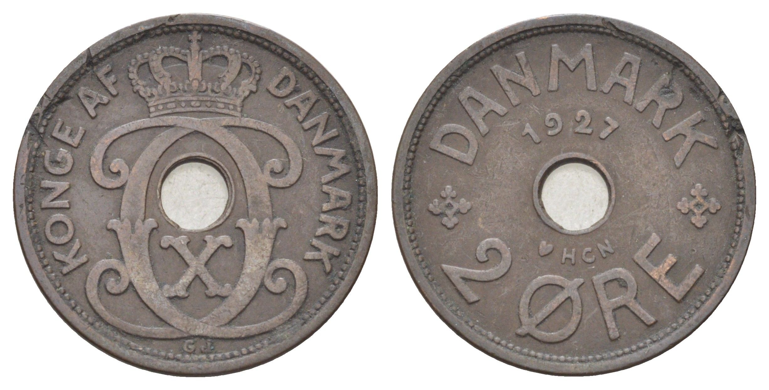 Дания 2 эре 1927 NCH, Кристиан X (1912-1947) KM 827 бронза 4701-641