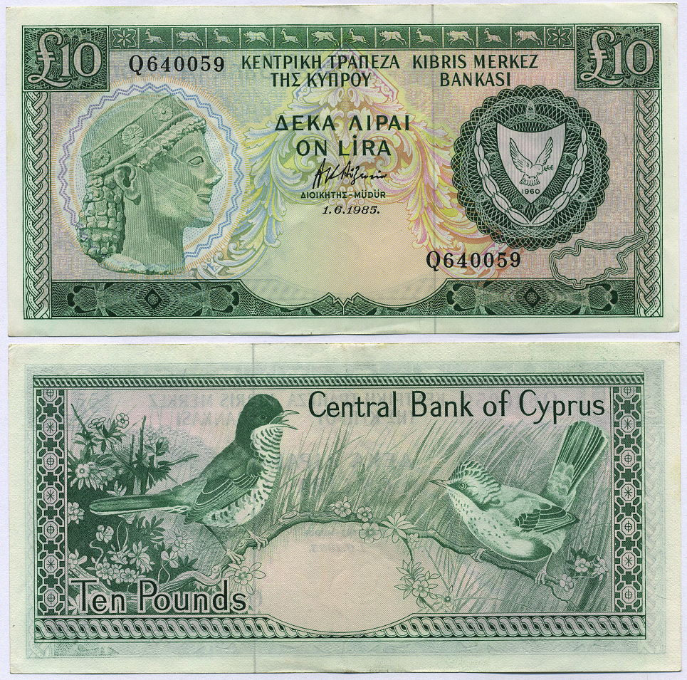 Кипр 10 фунтов 1985 кипрская славка Pick 48 b бумага 451-210-1