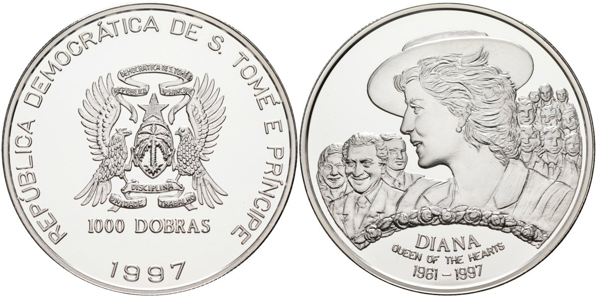 Сан-Томе и Принсипи 1000 добра 1997 Диана-королева сердец, тираж 5000 экз. KM 85а серебро PROOF 00-000-00