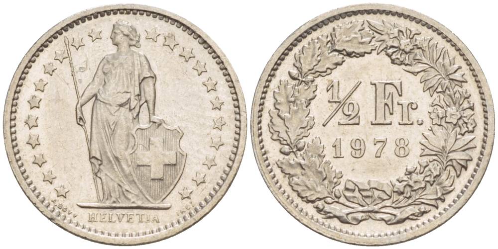 Швейцария 1/2 франка 1978 KM 23а.1 медно-никель 4528-644