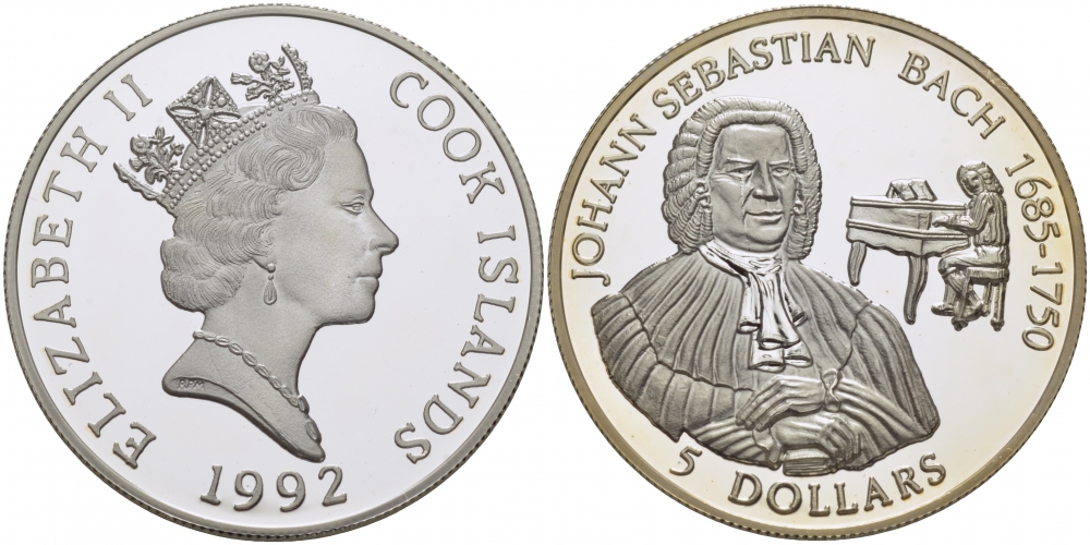 Острова Кука 5 долларов 1992 Иоганн Себастьян Бах (1685-1750) KM 150 серебро  PROOF  1084-10-13
