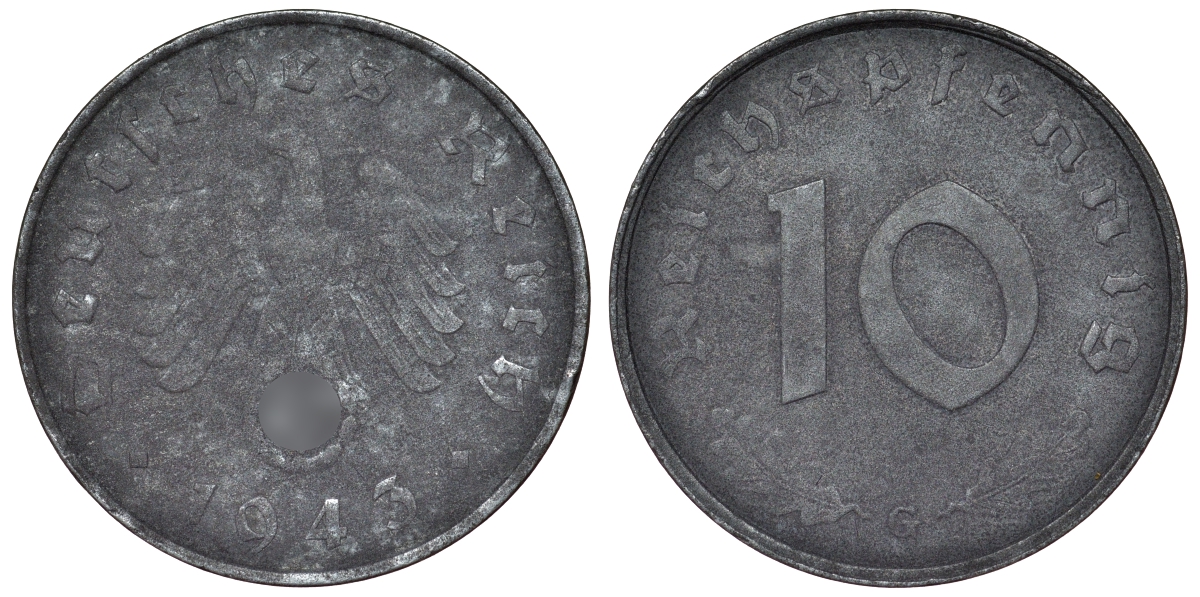 Германия 10 рейхспфеннигов 1943 G KM 101, J. 371 цинк 4121-1045