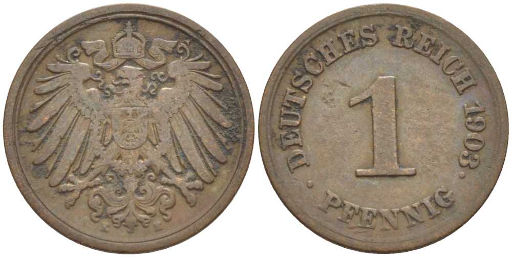 ГЕРМАНИЯ 1 ПФЕННИГ 1903 E KM 10, J. 10, Weege 2 медь 211-313